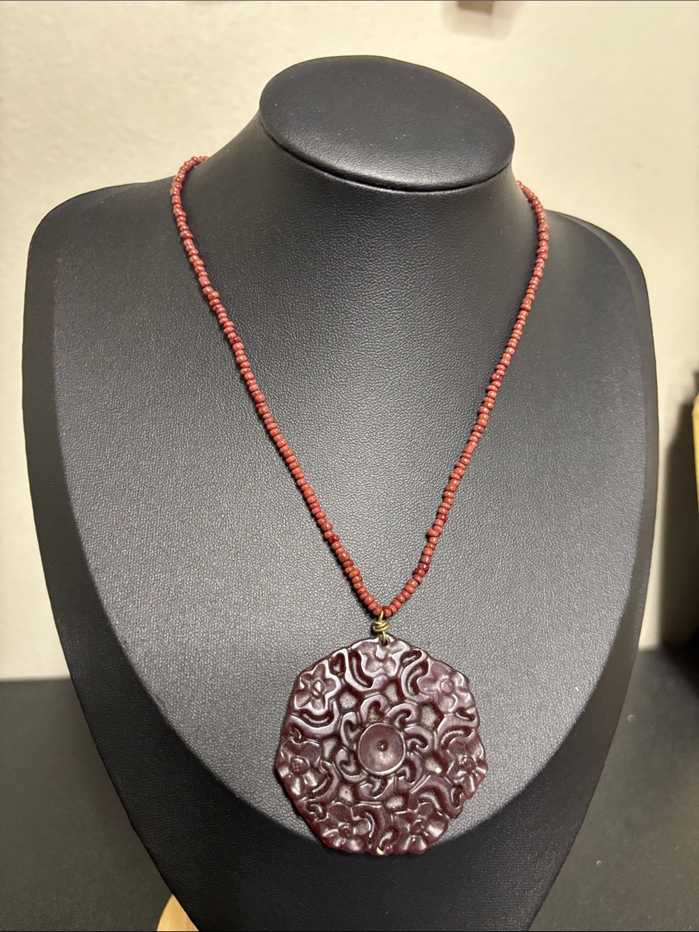Vintage Handcrafted Cinnabar Maroon Carved Resin Pendant Necklace